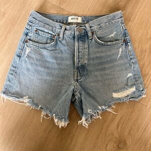 Agolde Faded Light Blue Distressed High-Rise Jean Shorts